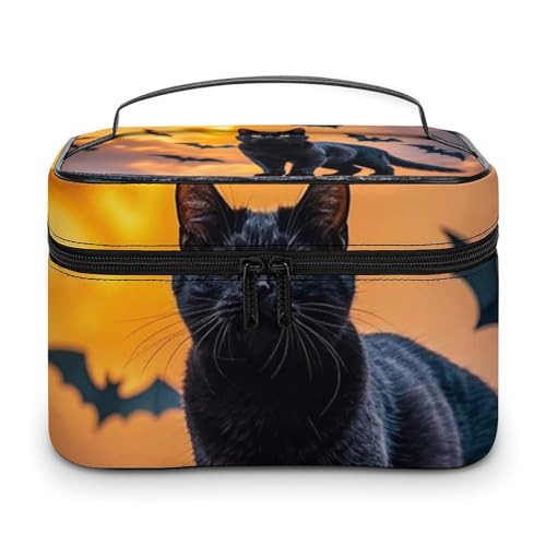DWTJKMS Kosmetiktasche mit Griff und Trennwand, Motiv: schwarze Katze auf dem Dach, große tragbare Kapazität, Make-up-Tasche, für Damen, Reise-Kulturbeutel DWTJKMS Kosmetiktasche mit Griff und Trennwand, Motiv: schwarze Katze auf dem Dach, große tragbare Kapazität, Make-up-Tasche, für Damen, Reise-Kulturbeutel von DWTJKMS