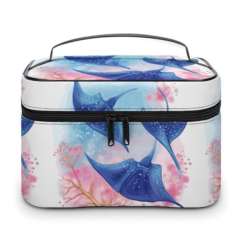 DWTJKMS Kosmetiktasche mit Meerestieren, Stachelrochen, große tragbare Kapazität, Make-up-Tasche, für Damen, Reise-Kulturbeutel mit Griff und Trennwand von DWTJKMS