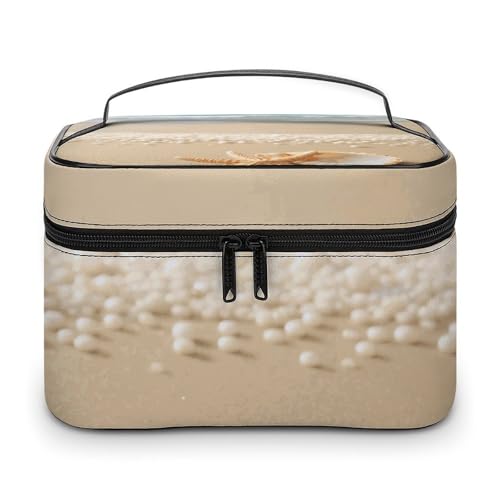 DWTJKMS Kosmetiktasche mit Seestern-Muschel- und Strand-Make-up-Tasche, große tragbare Kapazität, Make-up-Tasche für Damen, Reise-Kulturbeutel mit Griff und Trennwand von DWTJKMS