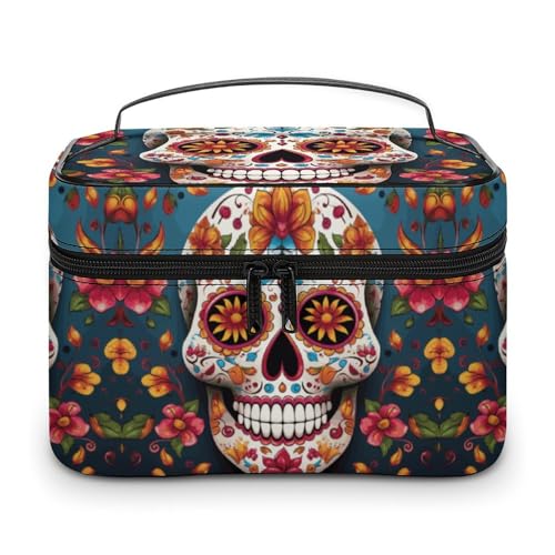 DWTJKMS Kosmetiktasche mit buntem Totenkopf-Design, große tragbare Kapazität, Make-up-Tasche, für Damen, Reise-Kulturbeutel mit Griff und Trennwand von DWTJKMS