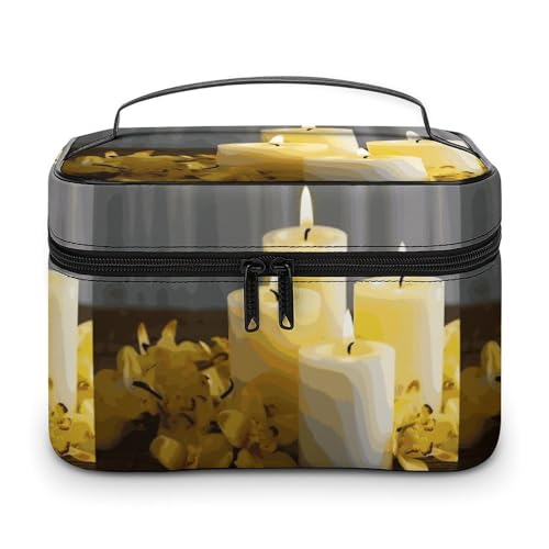 DWTJKMS Kosmetiktasche mit gelbem Schmetterling mit weißen Kerzen, große tragbare Kapazität, Make-up-Tasche, für Damen, Reise-Kulturbeutel mit Griff und Trennwand von DWTJKMS