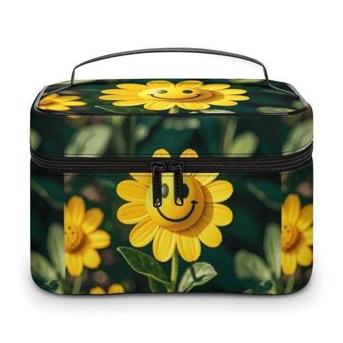 DWTJKMS Kosmetiktasche mit gelbem Smiley-Blumenmotiv, große tragbare Kapazität, Make-up-Tasche für Damen, Reise-Kulturbeutel mit Griff und Trennwand DWTJKMS Kosmetiktasche mit gelbem Smiley-Blumenmotiv, große tragbare Kapazität, Make-up-Tasche für Damen, Reise-Kulturbeutel mit Griff und Trennwand von DWTJKMS