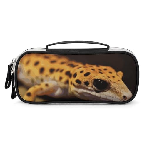 DWTJKMS Leopard Little Gecko Make-up-Tasche aus Leder, tragbar, klein, Kosmetik-Organizer, wasserdicht, Kulturbeutel, Pinsel, Bleistifte und Reise-Make-up-Zubehör von DWTJKMS