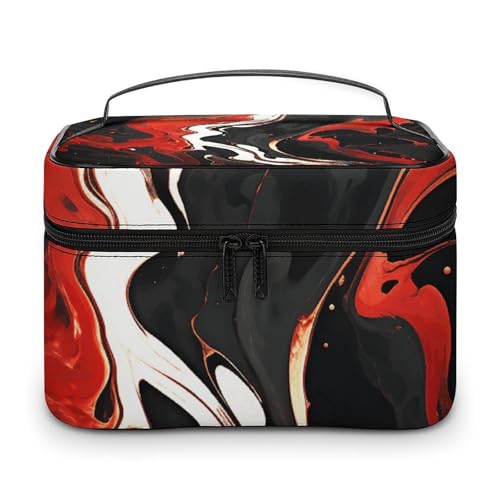 DWTJKMS Make-up-Tasche aus schwarzem und rotem Marmor, Kosmetik-Organizer, große tragbare Kapazität, Make-up-Tasche für Damen, Reise-Kulturbeutel mit Griff und Trennwand von DWTJKMS