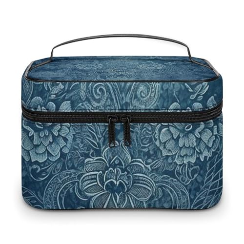 DWTJKMS Make-up-Tasche mit Blumenmuster, Spitze, Kosmetik-Organizer, große tragbare Kapazität, Make-up-Tasche für Damen, Reise-Kulturbeutel mit Griff und Trennwand, Blau DWTJKMS Make-up-Tasche mit Blumenmuster, Spitze, Kosmetik-Organizer, große tragbare Kapazität, Make-up-Tasche für Damen, Reise-Kulturbeutel mit Griff und Trennwand, Blau von DWTJKMS