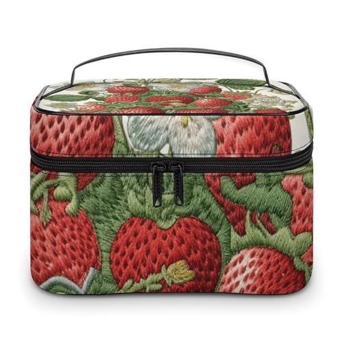 DWTJKMS Make-up-Tasche mit Erdbeer-Stickerei, Kosmetik-Organizer, große tragbare Kapazität, Make-up-Tasche, Damen, Reise-Kulturbeutel mit Griff und Trennwand von DWTJKMS