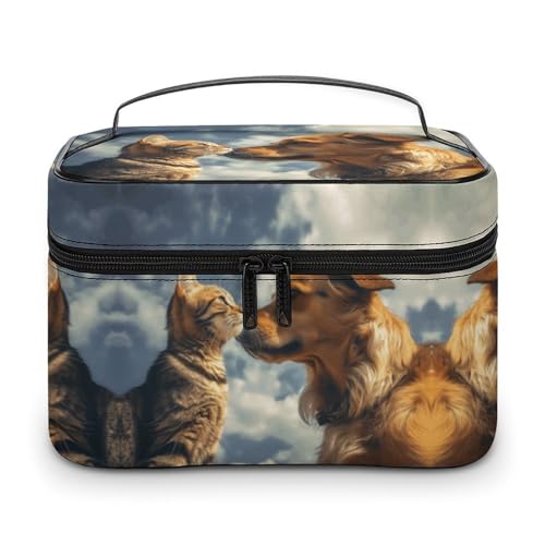 DWTJKMS Make-up-Tasche mit Hund und Katze, Kosmetik-Organizer, große tragbare Kapazität, Make-up-Tasche, Reise-Kulturbeutel mit Griff und Trennwand von DWTJKMS