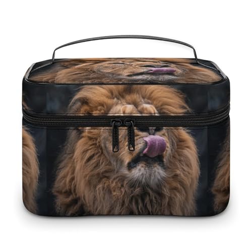 DWTJKMS Make-up-Tasche mit Löwen-Motiv und Zunge, Kosmetik-Organizer, große tragbare Kapazität, Make-up-Tasche für Damen, Reise-Kulturbeutel mit Griff und Trennwand von DWTJKMS