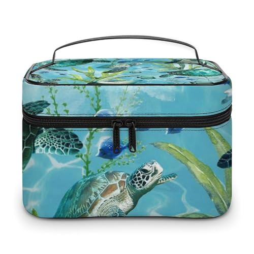 DWTJKMS Make-up-Tasche mit Meeresschildkröte, groß, tragbar, für Damen, Reise-Kulturbeutel mit Griff und Trennwand, Blau DWTJKMS Make-up-Tasche mit Meeresschildkröte, groß, tragbar, für Damen, Reise-Kulturbeutel mit Griff und Trennwand, Blau von DWTJKMS