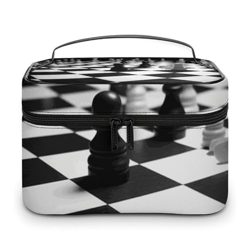 DWTJKMS Make-up-Tasche mit Schachbrettmuster, große tragbare Kapazität, Make-up-Tasche, für Damen, Reise-Kulturbeutel mit Griff und Trennwand, Schwarz / Weiß von DWTJKMS