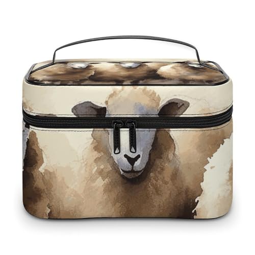 DWTJKMS Make-up-Tasche mit Schafen, Aquarellfarben, Kosmetik-Organizer, große Kapazität, Make-up-Tasche, für Damen, Reise-Kulturbeutel mit Griff und Trennwand von DWTJKMS