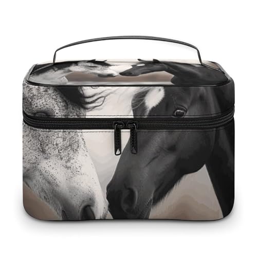 DWTJKMS Make-up-Tasche mit schwarzem und weißem Pferd, Kosmetik-Organizer, große Kapazität, Make-up-Tasche, für Damen, Reise-Kulturbeutel mit Griff und Trennwand von DWTJKMS