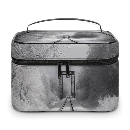 DWTJKMS Make-up-Tasche mit verschneiten Zugschienen, Kosmetik-Organizer, große tragbare Kapazität, Make-up-Tasche, Damen, Reise-Kulturbeutel mit Griff und Trennwand von DWTJKMS