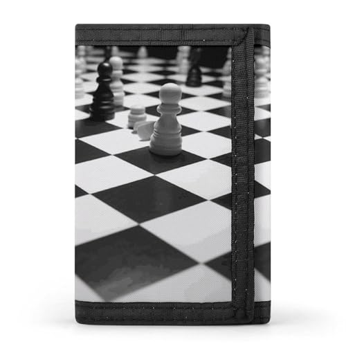DWTJKMS Schwarz-Weißes Schachbrett-Portemonnaie, minimalistisch, schmal, dreifach gefaltet, modern, modisch, Anti-Diebstahl-Geldbörse, für Karten und Bargeld von DWTJKMS