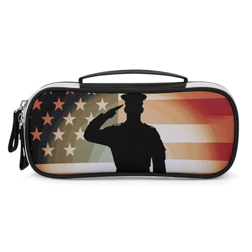 DWTJKMS Soldat Saluting Amerika-Flagge, Leder-Make-up-Tasche, tragbar, klein, Kosmetik-Organizer, wasserdicht, Kulturbeutel, Pinsel, Bleistifte und Reise-Make-up-Zubehör von DWTJKMS