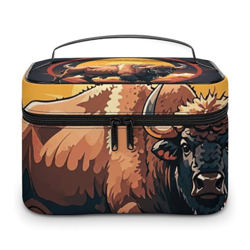 DWTJKMS Wild American Bison Mountains Make-up-Tasche, Kosmetik-Organizer, große tragbare Kapazität, Make-up-Tasche, Damen, Reise-Kulturbeutel mit Griff und Trennwand von DWTJKMS