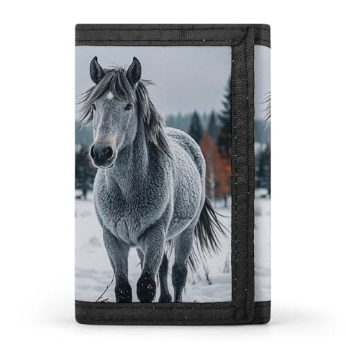 Graues Pferd in Winterlandschaft, verschneite Wildnis, minimalistische Herren-Geldbörse, schmal, dreifach gefaltet, modern, modisch, Diebstahlschutz, für Karten und Bargeld Graues Pferd in Winterlandschaft, verschneite Wildnis, minimalistische Herren-Geldbörse, schmal, dreifach gefaltet, modern, modisch, Diebstahlschutz, für Karten und Bargeld von DWTJKMS