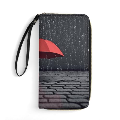 Roter Regenschirm im Regen lange Brieftasche schlanke PU-Leder-Geldbörsen für Männer Frauen minimalistische Brieftasche mit Kartenfächern, Weiß, 19.7 * 10.5cm, Weiß, 19.7x10.5cm, blank, 19.7x10.5cm von DWTJKMS