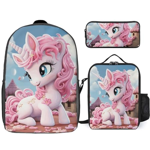 3-teiliger Rucksack für Damen und Herren, leicht, lässig, Tagesrucksack, Schultertaschen-Set mit isolierter Lunchtasche und Federmäppchen, Organizer, Cartoon-Motiv von DWVTFSM