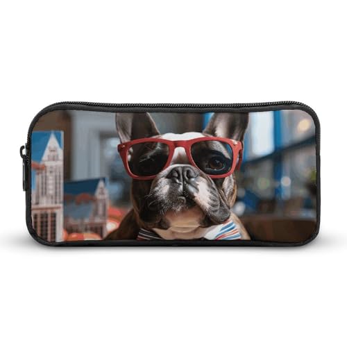 DWVTFSM Federmäppchen mit französischer Bulldogge mit Sonnenbrille, großes Fassungsvermögen, niedliches Federmäppchen, Make-up-Kosmetiktasche für Damen und Herren von DWVTFSM