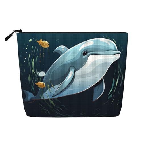 Dwvtfsm Make-up-Tasche für Damen, Delfin-Liebhaber, wasserdicht, Leinen, Reise-Kosmetik-Organizer, leichter Reißverschluss, Reise-Kulturbeutel, Organizer, Make-up-Pinsel, Aufbewahrungstasche von DWVTFSM