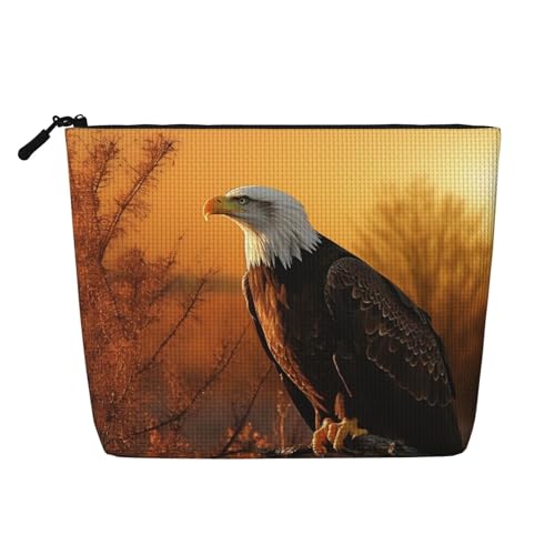 Dwvtfsm Make-up-Tasche für Damen, Motiv: Goldener Sonnenuntergang, Weißkopfseeadler, wasserdicht, Leinen, Reise-Kosmetik-Organizer, leichter Reißverschluss, Reise-Kulturbeutel, Organizer von DWVTFSM