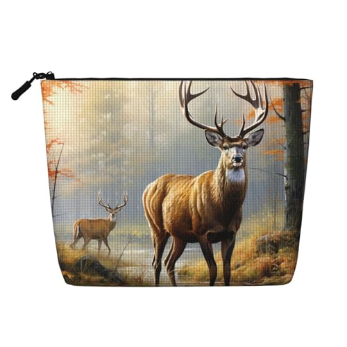 Dwvtfsm Make-up-Tasche für Damen, Motiv: Hirsch, Wildtiere, Kunst, wasserdicht, Leinen, Reise-Kosmetik-Organizer, leichter Reißverschluss, Reise-Kulturbeutel, Organizer, Make-up-Pinsel von DWVTFSM