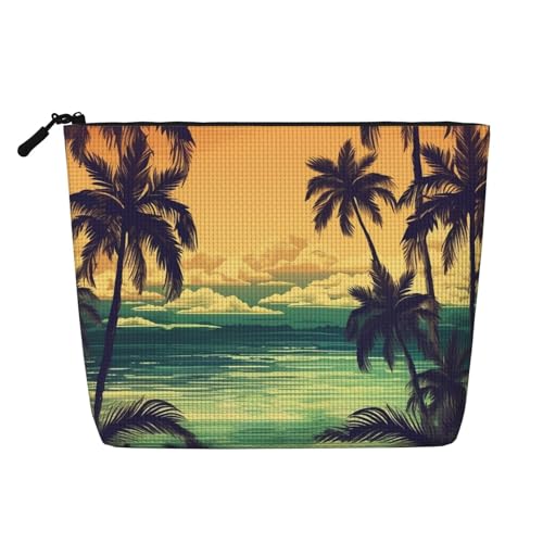 Dwvtfsm Make-up-Tasche für Damen, Palmen und Strand, wasserdicht, Leinen, Reise-Kosmetik-Organizer, leichter Reißverschluss, Reise-Kulturbeutel, Organizer, Make-up-Pinsel, Aufbewahrungstasche von DWVTFSM