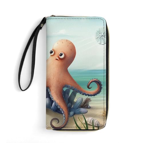 DWVTSLH Beach Octopus Seestern Printed Wallets Zip Around Wallets Leather Long Wallets for Men And Women Credit Card Holders with Cord, Essential for Travel, Office And Shopping von DWVTSLH