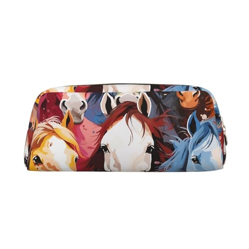 DWVTSLH Bunte Cartoon-Pferde-Federmäppchen, großes Fassungsvermögen, Leder-Kosmetiktasche, Büro-Schreibtisch-Organizer, Münztasche, tragbarer Kulturbeutel mit Reißverschluss für Reisen und Outdoor von DWVTSLH