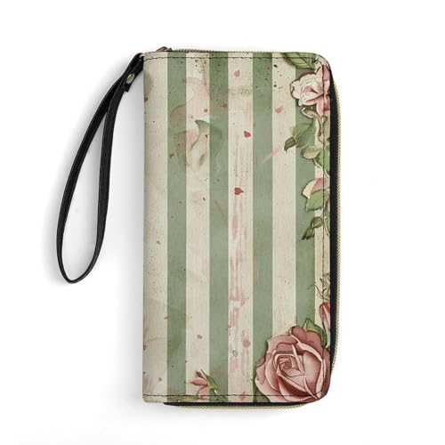 DWVTSLH Roses And Green Plants Printed Wallets Zip Around Wallets Leather Long Wallets for Men And Women Credit Card Holders with Cord, Essential for Travel, Office And Shopping von DWVTSLH