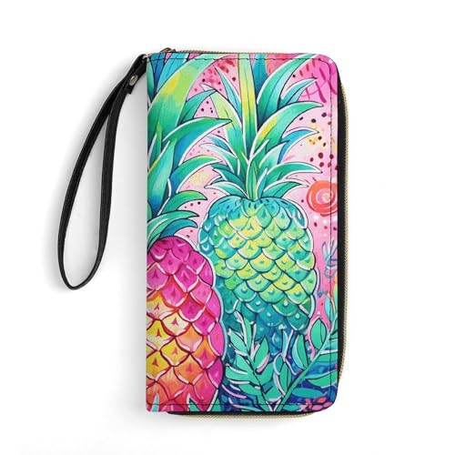DWVTSLH Three Big Pineapple Printed Wallets Zip Around Wallets Leather Long Wallets for Men And Women Credit Card Holders with Cord, Essential for Travel, Office And Shopping von DWVTSLH
