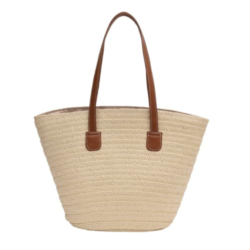 Gras-gewebte Tasche Damen Tasche Mode Lässig Gewebt Pendler Damen Große Tasche 24 Frühling Neue Schulter Handtasche Strandtasche Geflochten(White) von DWZXL