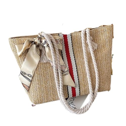 Gras-gewebte Tasche Damen Taschen Stroh Taschen Modische Baumwollseil Schulter Tragetaschen Urlaub Strand Taschen Strandtasche Geflochten(K,A) von DWZXL