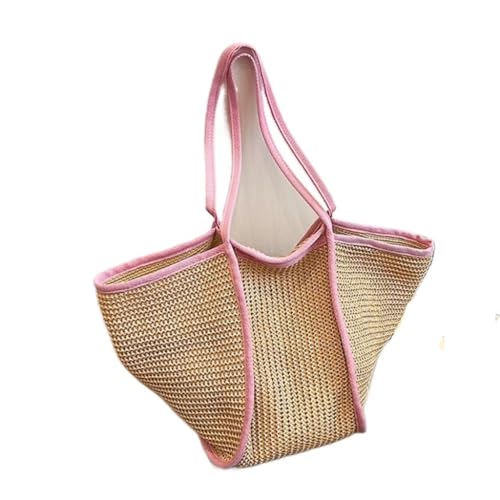 Gras-gewebte Tasche Einkaufstasche Damen Seaside Handtasche Vielseitige Schulter Gewebte Tasche Pendlertasche Strandtasche Geflochten(Pink) von DWZXL