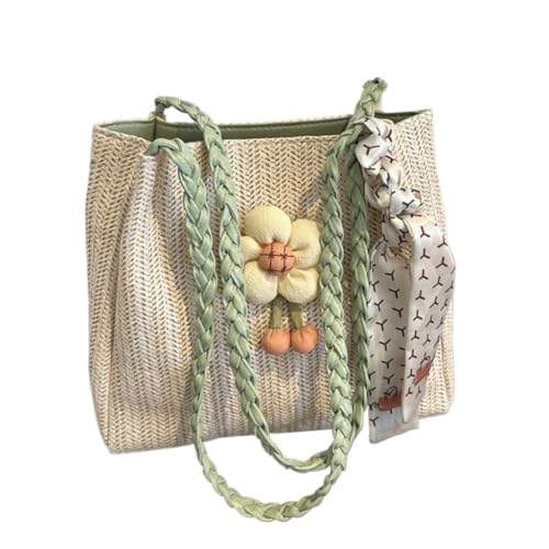 Gras-gewebte Tasche Gewebte Strohtasche Damen Sommer Vielseitige Schultertasche Seaside Schultertasche Pendeltasche Strandtasche Geflochten(Green) von DWZXL