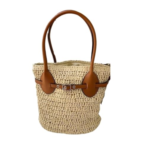 Gras-gewebte Tasche Kleine Farblich Passende Strohtasche Damen Handtasche Im Urlaubsstil Schultertasche Strandtasche Geflochten(Bruin) von DWZXL