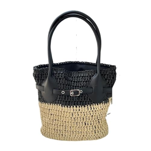 Gras-gewebte Tasche Kleine Farblich Passende Strohtasche Damen Handtasche Im Urlaubsstil Schultertasche Strandtasche Geflochten(Zwart) von DWZXL