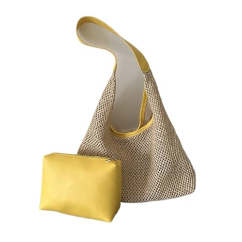 Gras-gewebte Tasche Lässige Strand Sommer Beliebte Gewebte Mutter-und-Kind-Tasche Single-Shoulder Beach Stroh Tasche Strandtasche Geflochten(GUL) von DWZXL