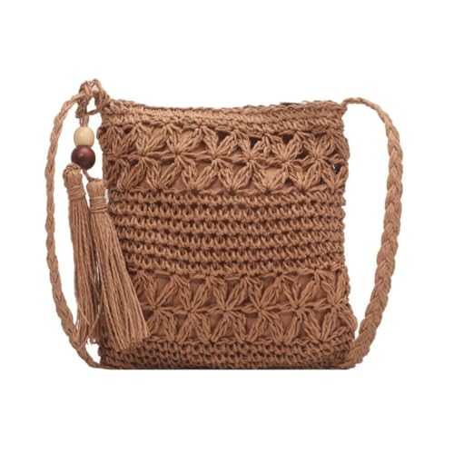 Gras-gewebte Tasche Mode Retro Stil Stroh Gewebt Damen Tasche Sommer Gewebt Schultertasche Strand Messenger Bag Strandtasche Geflochten(Bruin) von DWZXL