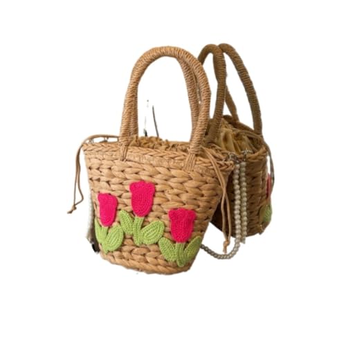 Gras-gewebte Tasche Nischendesign Strohtasche Damentasche Persönlichkeit Umhängetasche Tragbare Eimertasche Strandtasche Geflochten(K) von DWZXL