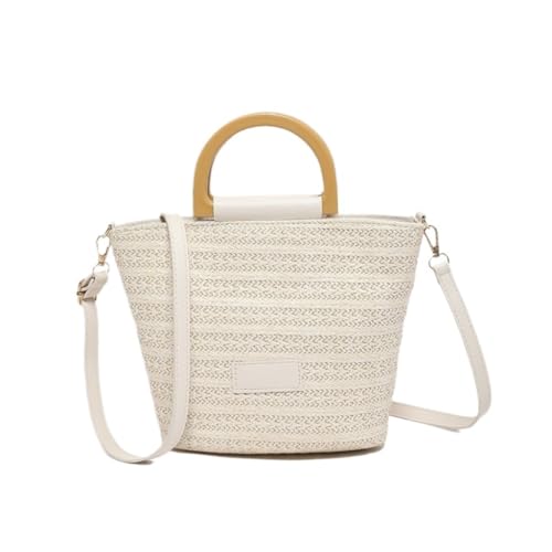Gras-gewebte Tasche Sommer Damen Stroh Eimer Handtasche Urlaub Strand Tasche Einzelne Schulter Tasche Gewebte Tasche Strandtasche Geflochten(Wit) von DWZXL