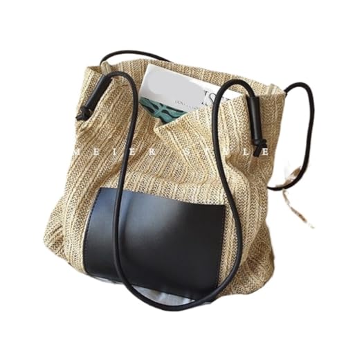 Gras-gewebte Tasche Sommerliche geflochtene Korbtasche in Kontrastfarbe aus Stroh, Handtasche, Umhängetasche Strandtasche Geflochten(Zwart) von DWZXL