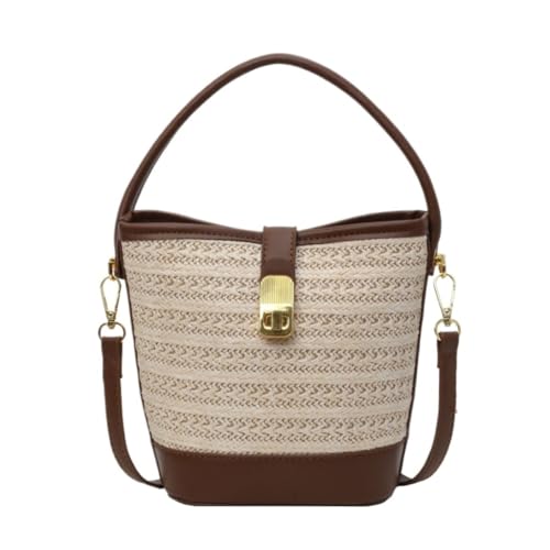 Gras-gewebte Tasche Strand Freizeit Stroh Handtasche Schultertasche Retro Eimer Tasche Vielseitige Umhängetasche Strandtasche Geflochten(Beige) von DWZXL