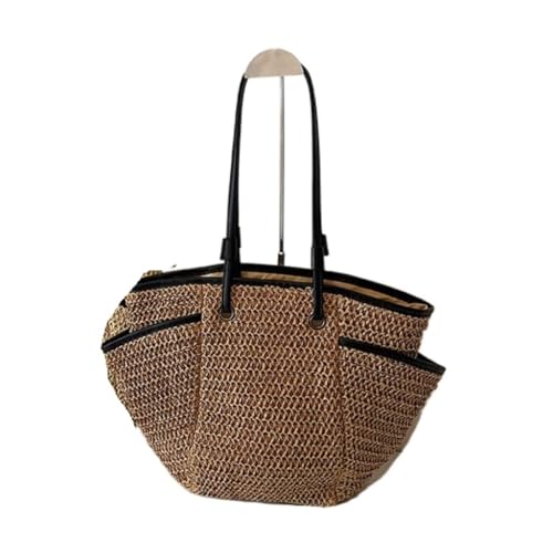 Gras-gewebte Tasche Strohtasche 2024 Neue Ins Einfache EIN-Schulter-Papierseil-gewebte Tasche Freizeiturlaub Strandtasche Strandtasche Geflochten(Bruin) von DWZXL