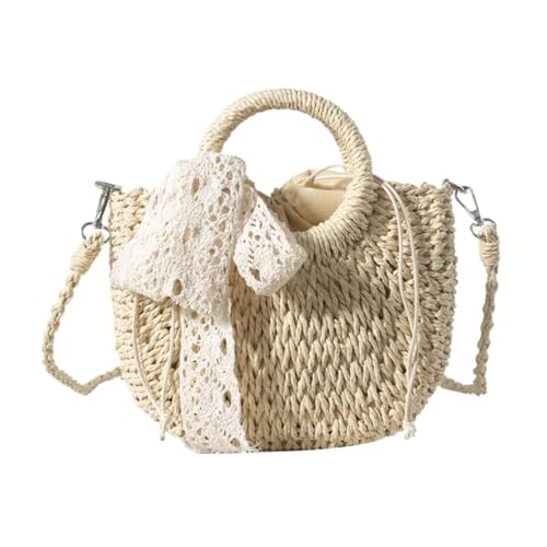 Gras-gewebte Tasche Strohtasche Crossbody Schultertasche Strandurlaub Handgemachte Gewebte Tasche Kleine Frische Handtasche Strandtasche Geflochten(Beige) von DWZXL