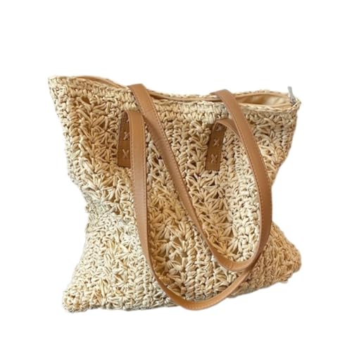 Gras-gewebte Tasche Strohtasche Damen Sommer Umhängetasche Strandtasche Hohl Gewebte Tasche Tragbare Rattan Tasche Strandtasche Geflochten(Wit) von DWZXL