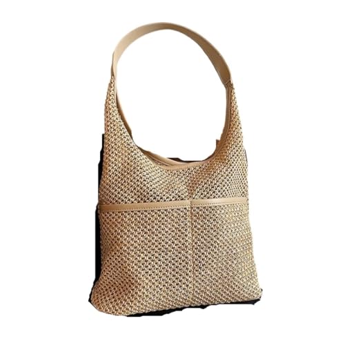 Gras-gewebte Tasche Strohtasche Damen Strandtasche Literarischer Waldstil Gewebte Tasche Schultertasche Eimertasche Strandtasche Geflochten(Wit) von DWZXL