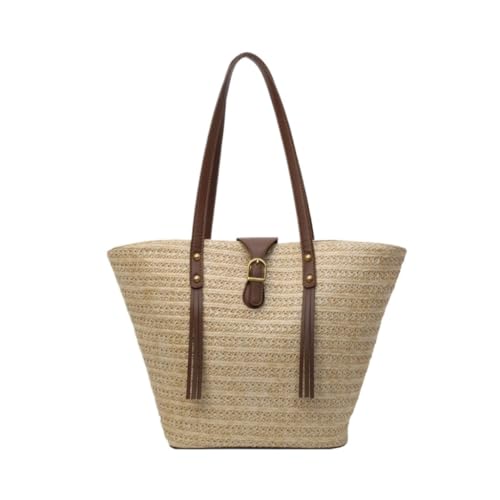 Gras-gewebte Tasche Strohtasche Damentasche Gewebt Sommer Strand Damentasche Schulter Handtasche Einkaufstasche Große Tasche Strandtasche Geflochten(Beige) von DWZXL