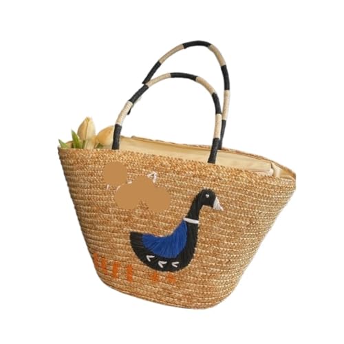 Gras-gewebte Tasche Strohtasche Farblich Passende Stickerei Süße Ente Strandtasche Handgemachte Urlaubstasche Schultertasche Strandtasche Geflochten(L) von DWZXL